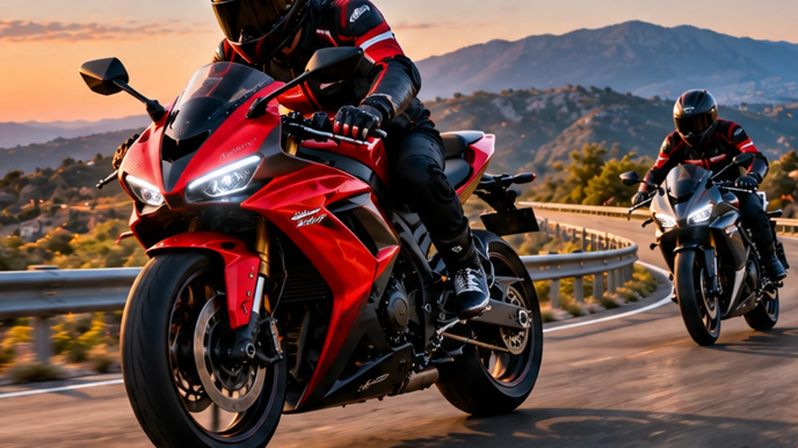 Dağ yolunda performans motosikleti kullanan sürücüler